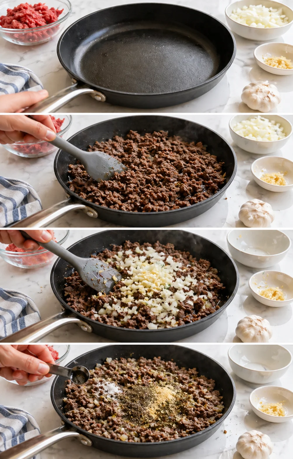 Ground beef and translucent diced onion cooking in skillet, garlic and seasonings sprinkled.