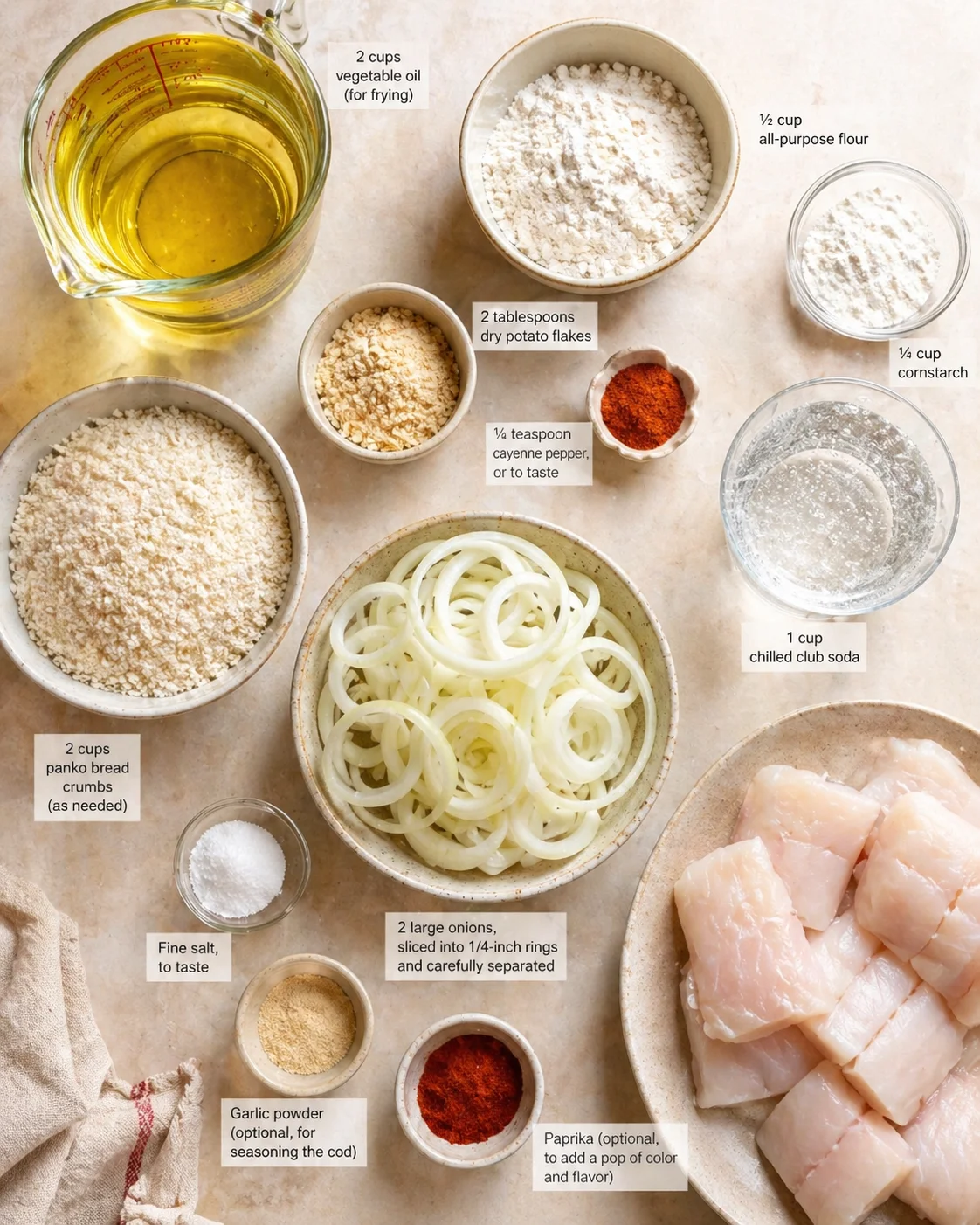 Measured ingredients arranged for Crispy Battered Cod And Onion Rings Platter: 2 cups vegetable oil (for frying), ½ cup all-purpose flour, ¼ cup cornstarch, 2 tablespoons dry potato flakes, ⅛ teaspoon cayenne pepper, or 