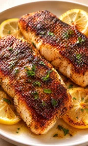 Final plated Easy Blackened Cod Recipe Recipe served as a hero shot