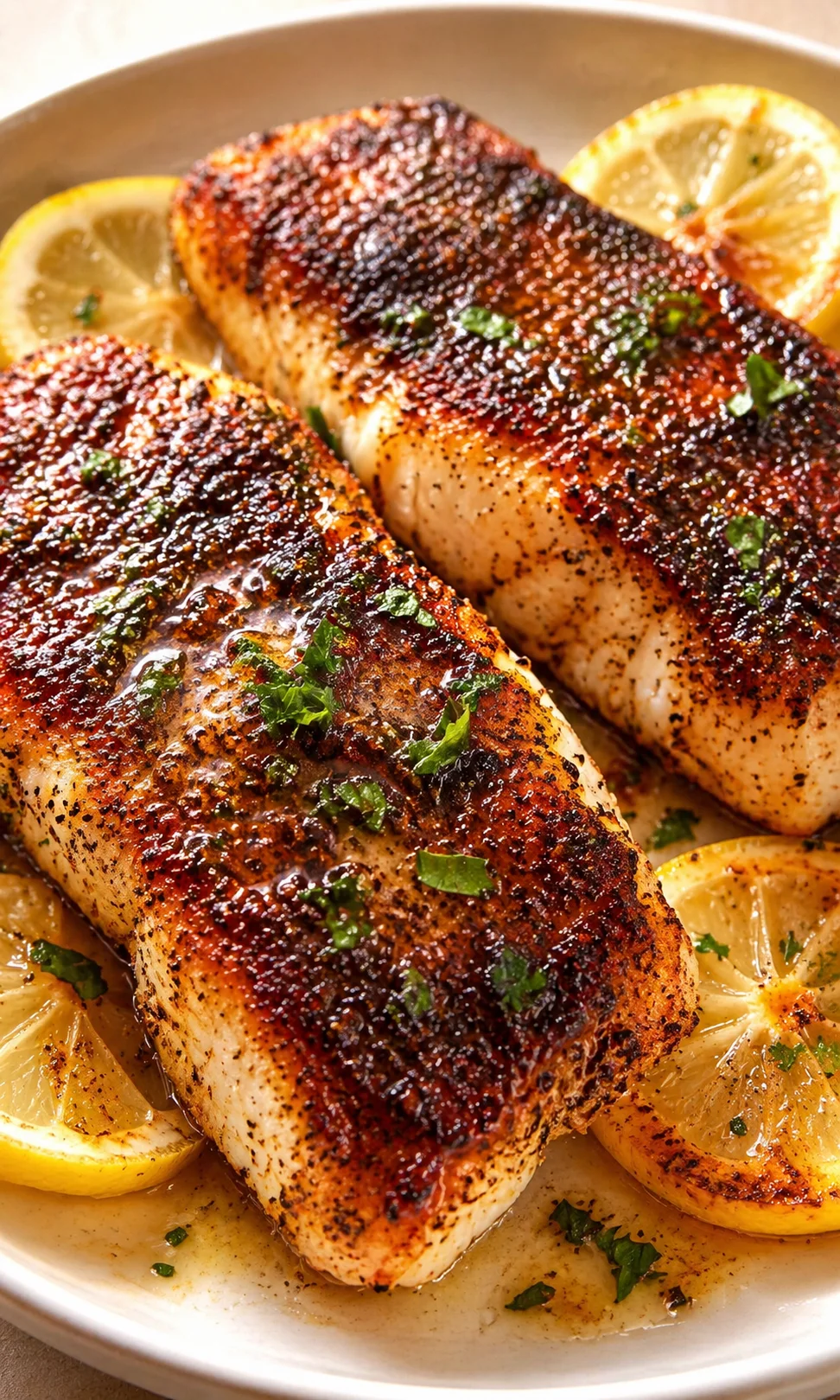 Final plated Easy Blackened Cod Recipe Recipe served as a hero shot
