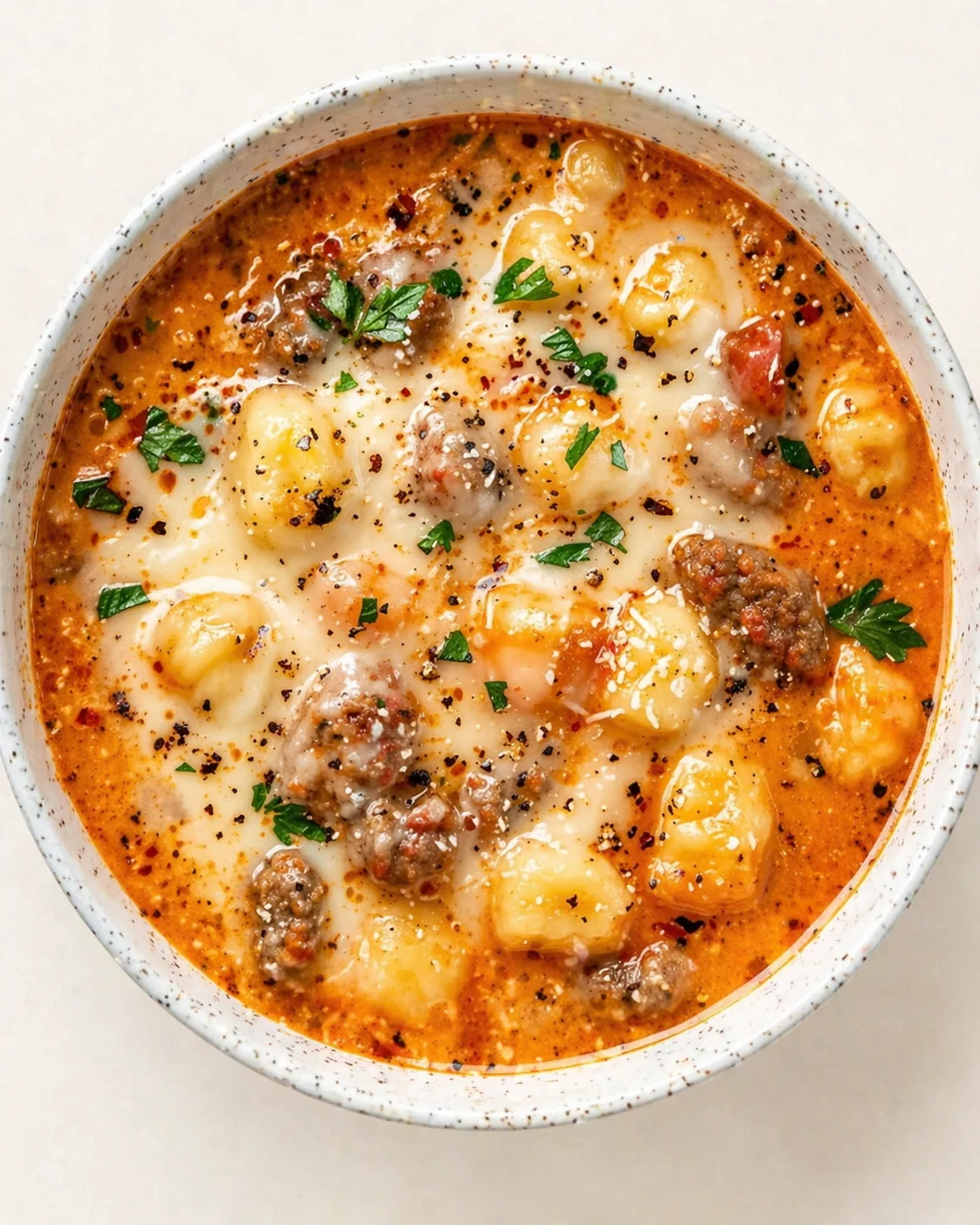 Straight-down overhead view of Creamy Italian Sausage Gnocchi Soup