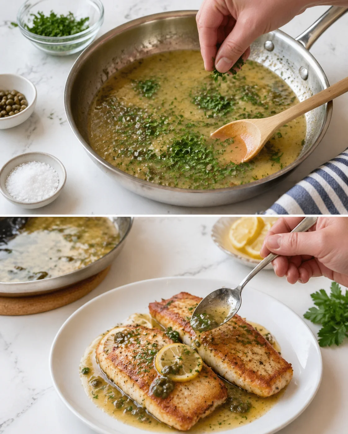 Chef spooning glossy lemon-caper sauce over plated cod, finishing with chopped parsley.