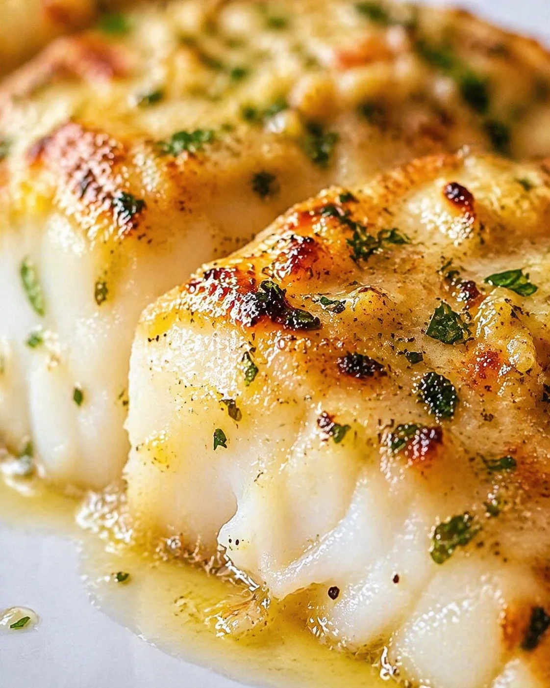 Tight detail shot of Easy Garlic Butter Baked Cod Fillets: Restaurant-Quality Seafood at Home highlighting texture