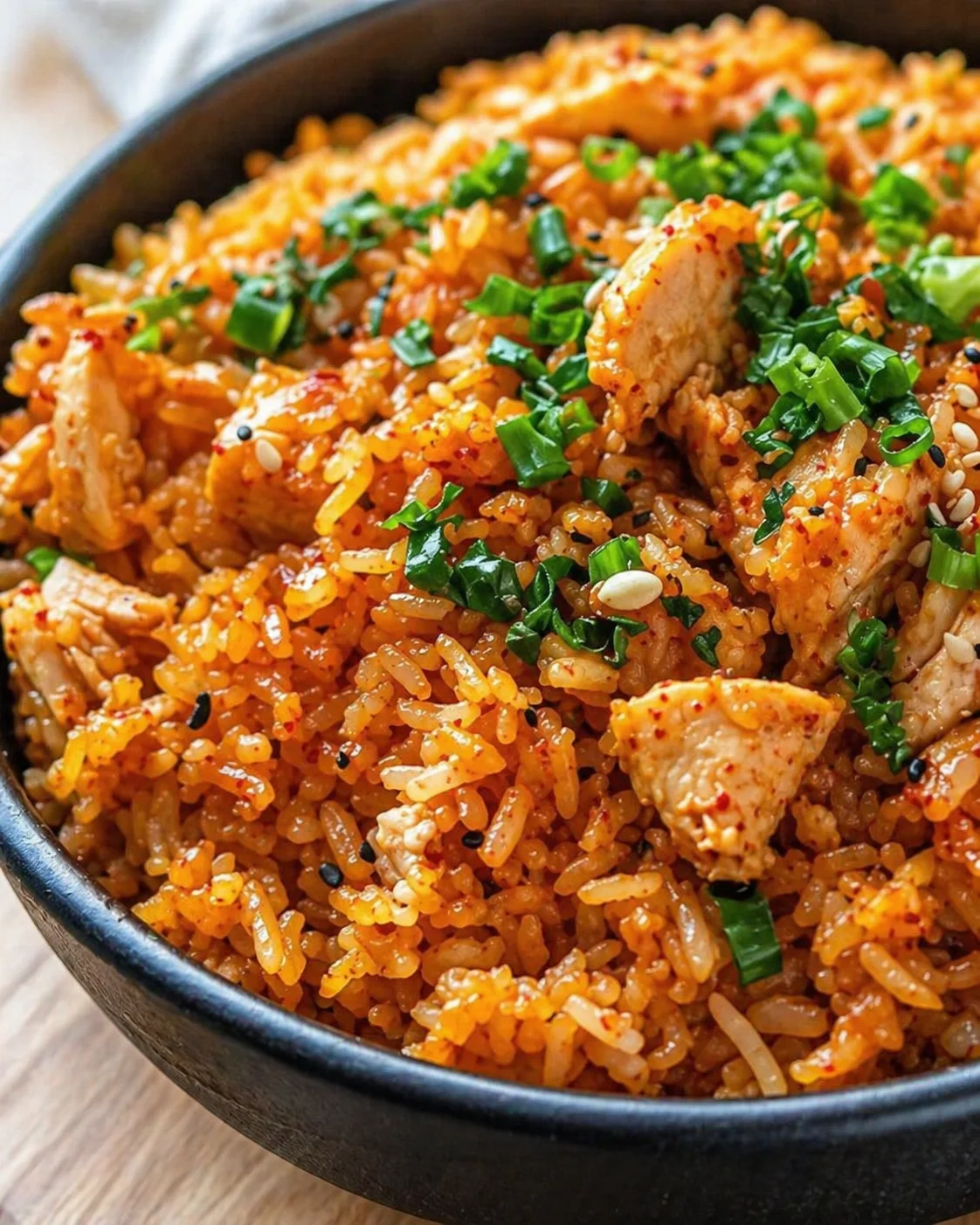 Final plated Kimchi Fried Rice with Chicken - Better Homebase served as a hero shot