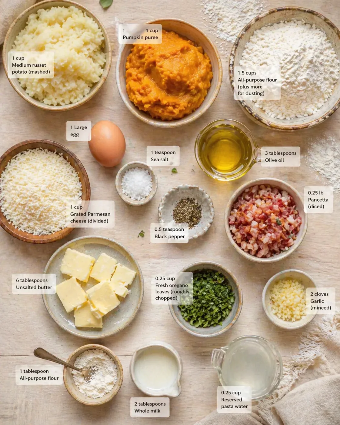 Measured ingredients arranged for Irresistible Pumpkin Gnocchi with Brown Butter Sauce: 1 cup Medium russet potato (mashed), 1 cup Pumpkin puree, 1.5 cups All-purpose flour (plus more for dusting), 1 Large egg, 1 cup Gra
