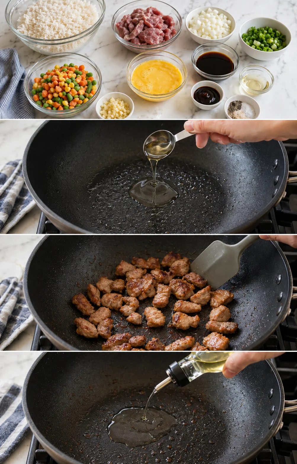 Prepped ingredients on counter; thin pork slices sizzling and browning in a hot skillet.