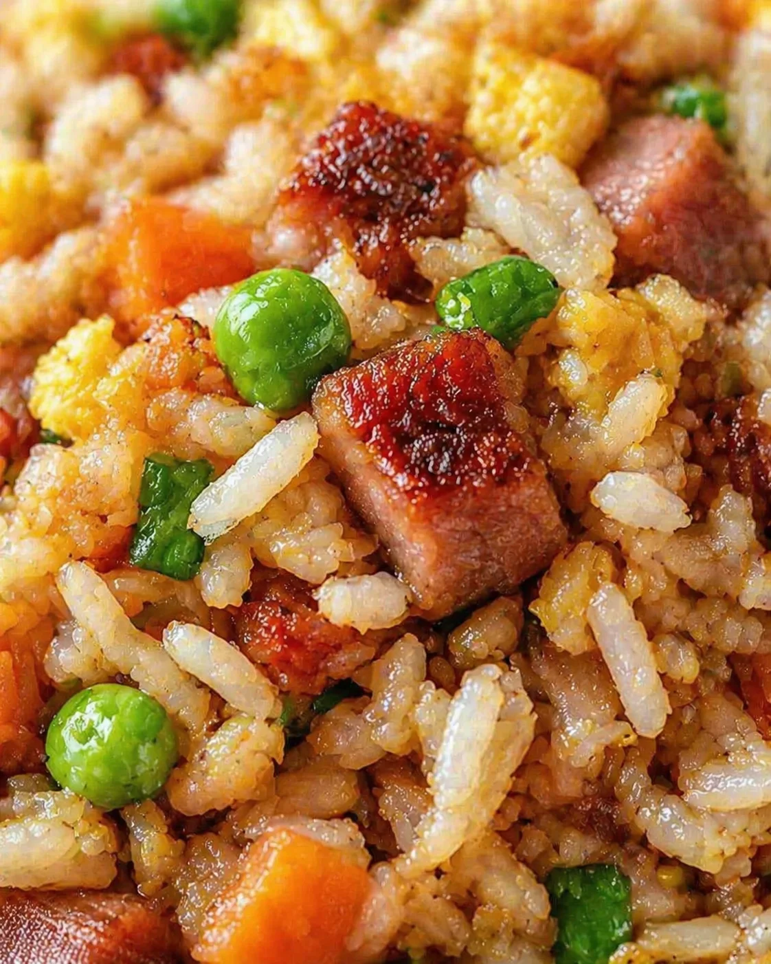 Tight detail shot of Irresistible Chinese BBQ Pork Fried Rice in 20 Minutes highlighting texture