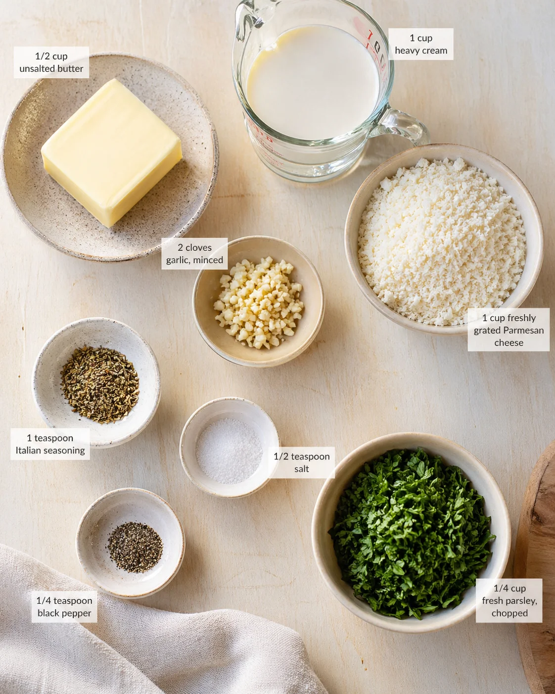 Measured ingredients arranged for Creamy Garlic Parmesan Ravioli Sauce 5 Steps Ultimate Delicious: 1/2 cup unsalted butter, 2 cloves garlic, minced, 1 cup heavy cream, 1 cup freshly grated Parmesan cheese, 1 teaspoon Ita