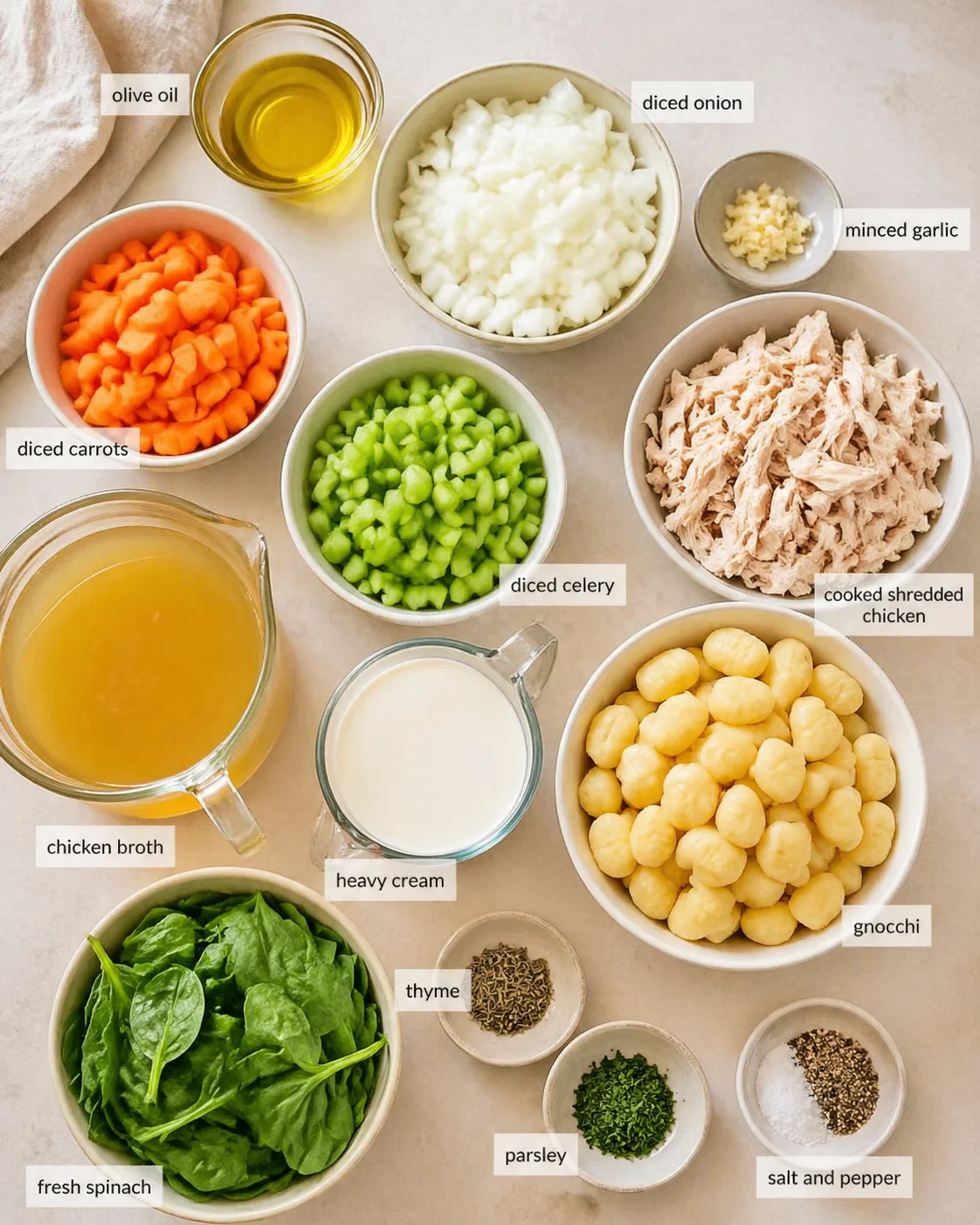 Measured ingredients arranged for Olive Garden Chicken Gnocchi Soup Recipe: An Incredible Ultimate Guide: 2 tablespoons olive oil, 1 medium onion, diced, 2 cloves garlic, minced, 2 carrots, diced, 2 celery stalks, diced,