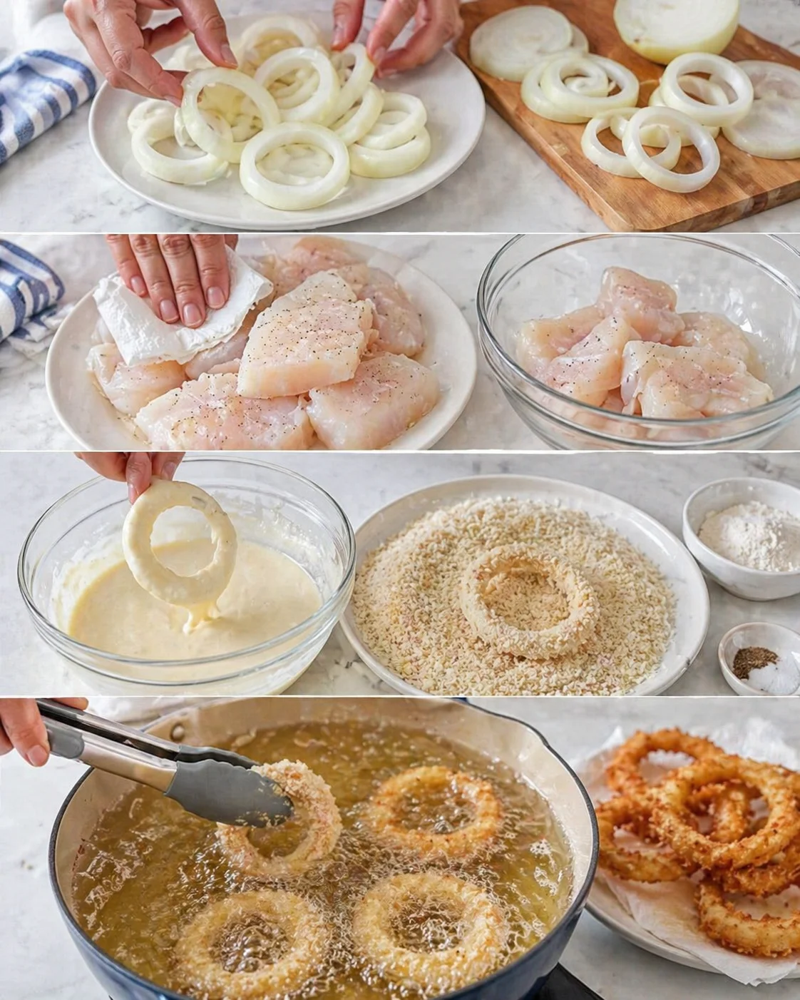 Onion rings being dipped into batter then pressed into panko, tongs lowering coated rings into hot oil.