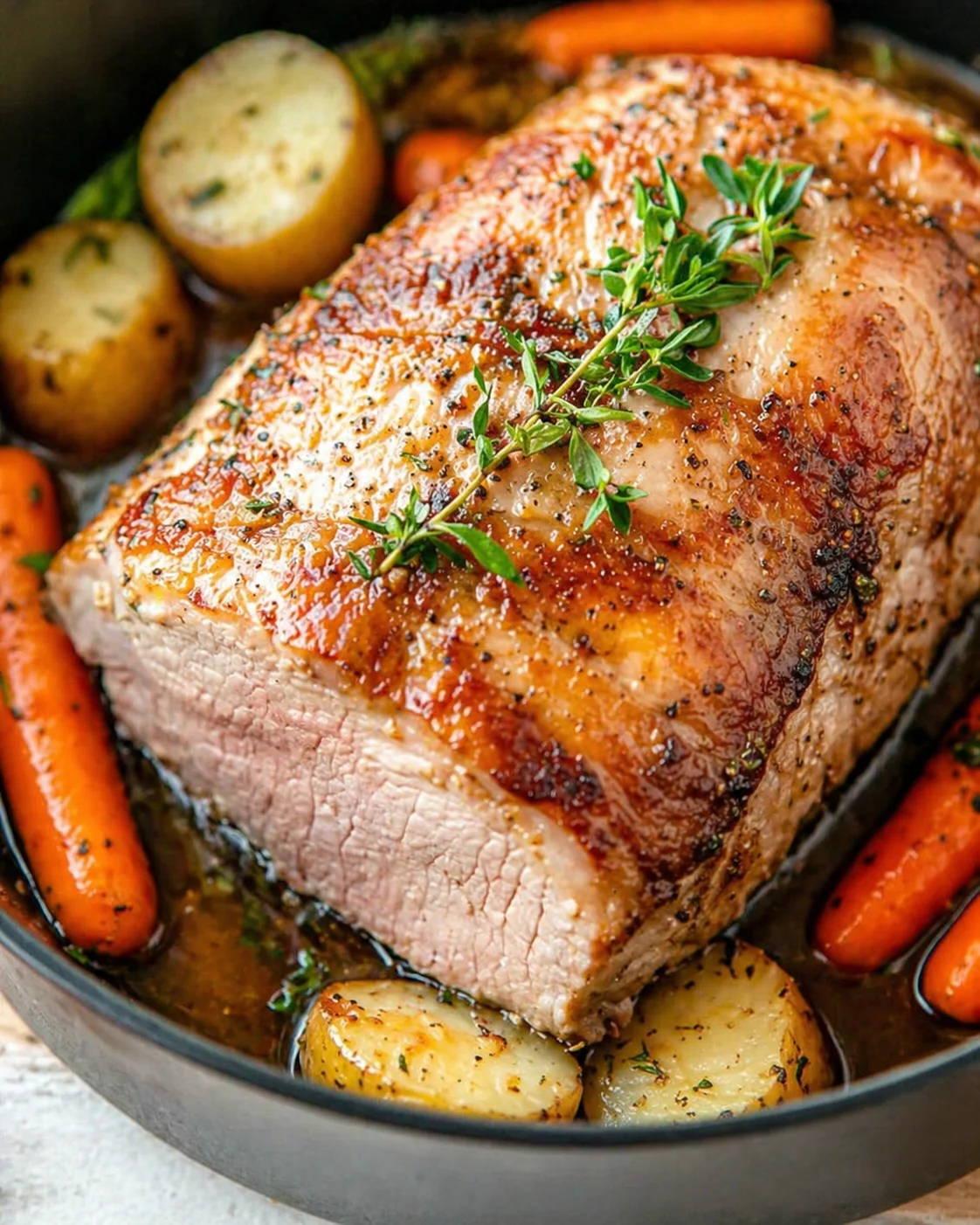 Final plated Easy Dutch Oven Pork Loin Recipe served as a hero shot