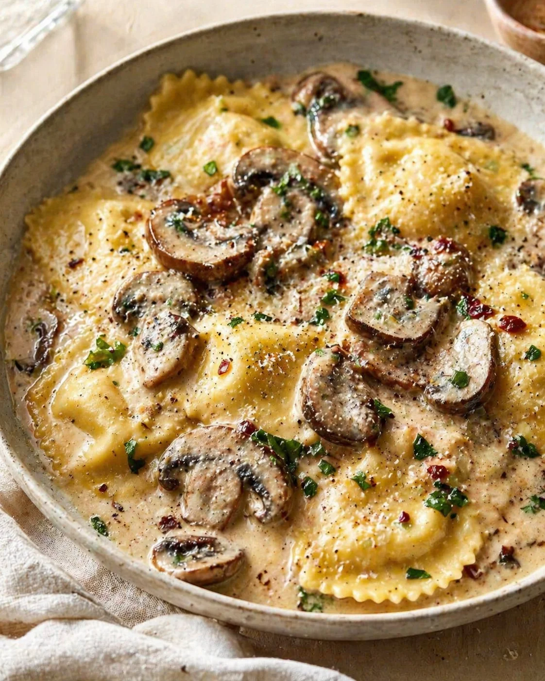Single plated variation of Savory Mushroom Ravioli Sauce: A Comforting Italian Delight shown in a natural kitchen scene