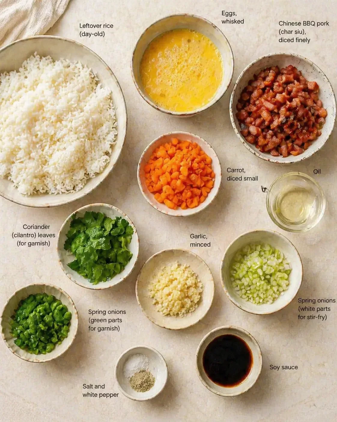 Measured ingredients arranged for Irresistible Chinese BBQ Pork Fried Rice in 20 Minutes: Leftover rice (day-old), Chinese BBQ pork (char siu), diced finely, Eggs, whisked until frothy, Carrot, diced small, Coriander (ci