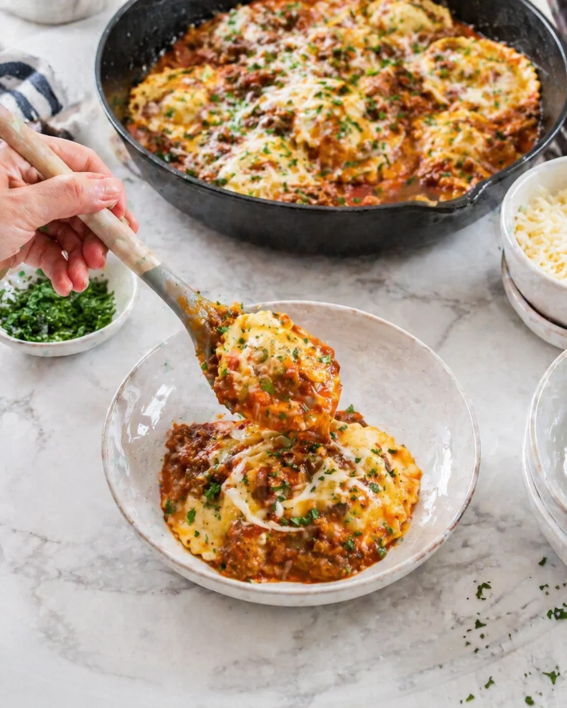 Portioned cheesy ravioli served on plates, sauce bubbling and mozzarella stretching.
