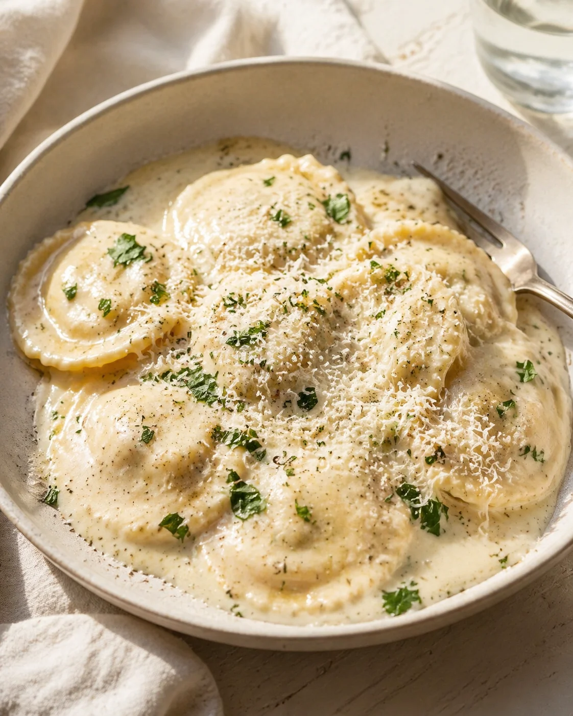 Single plated variation of Creamy Garlic Parmesan Ravioli Sauce 5 Steps Ultimate Delicious shown in a natural kitchen scene
