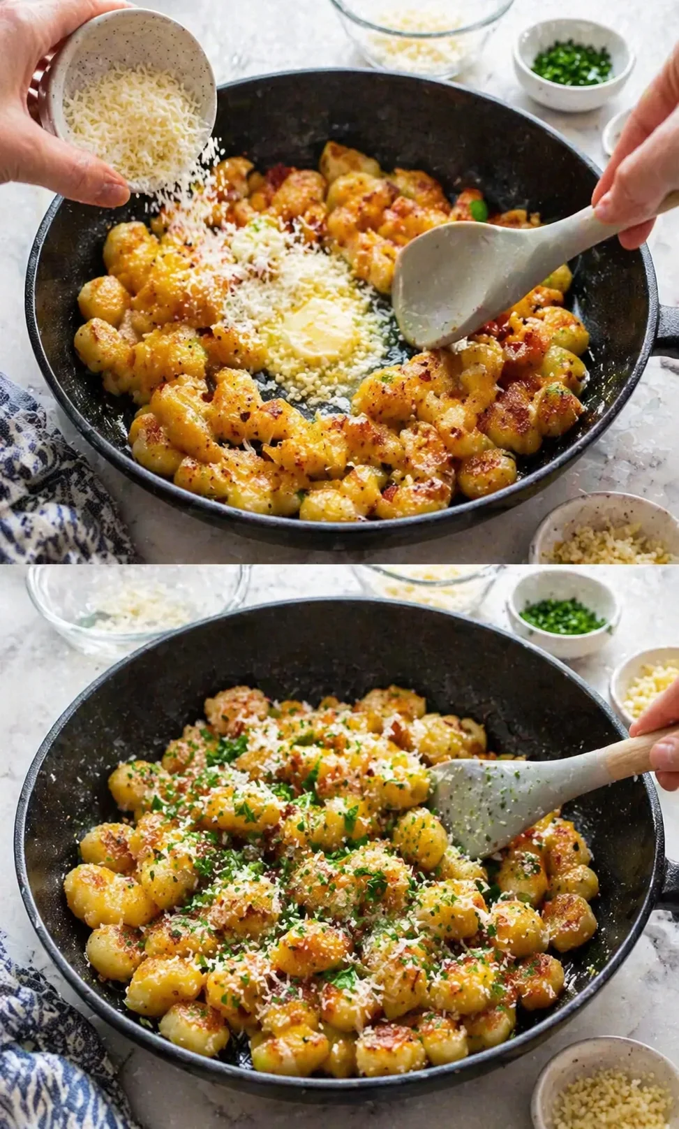 Gnocchi coated with melted butter, garlic and Parmesan being folded with chopped parsley