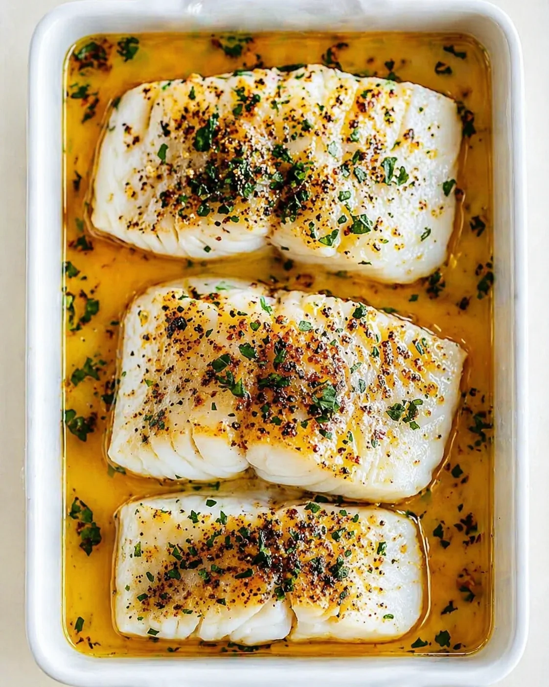 Straight-down overhead view of Easy Baked Cod That Melts in Your Mouth Every Time