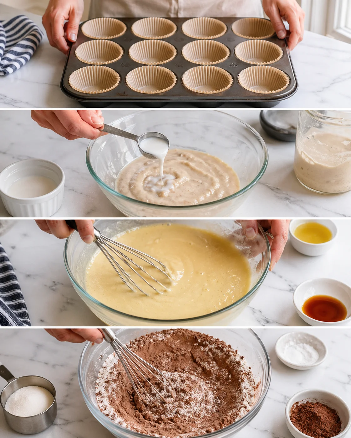 Muffin tin lined, glass bowl whisking wet starter mixture, separate bowl of sifted dry ingredients.