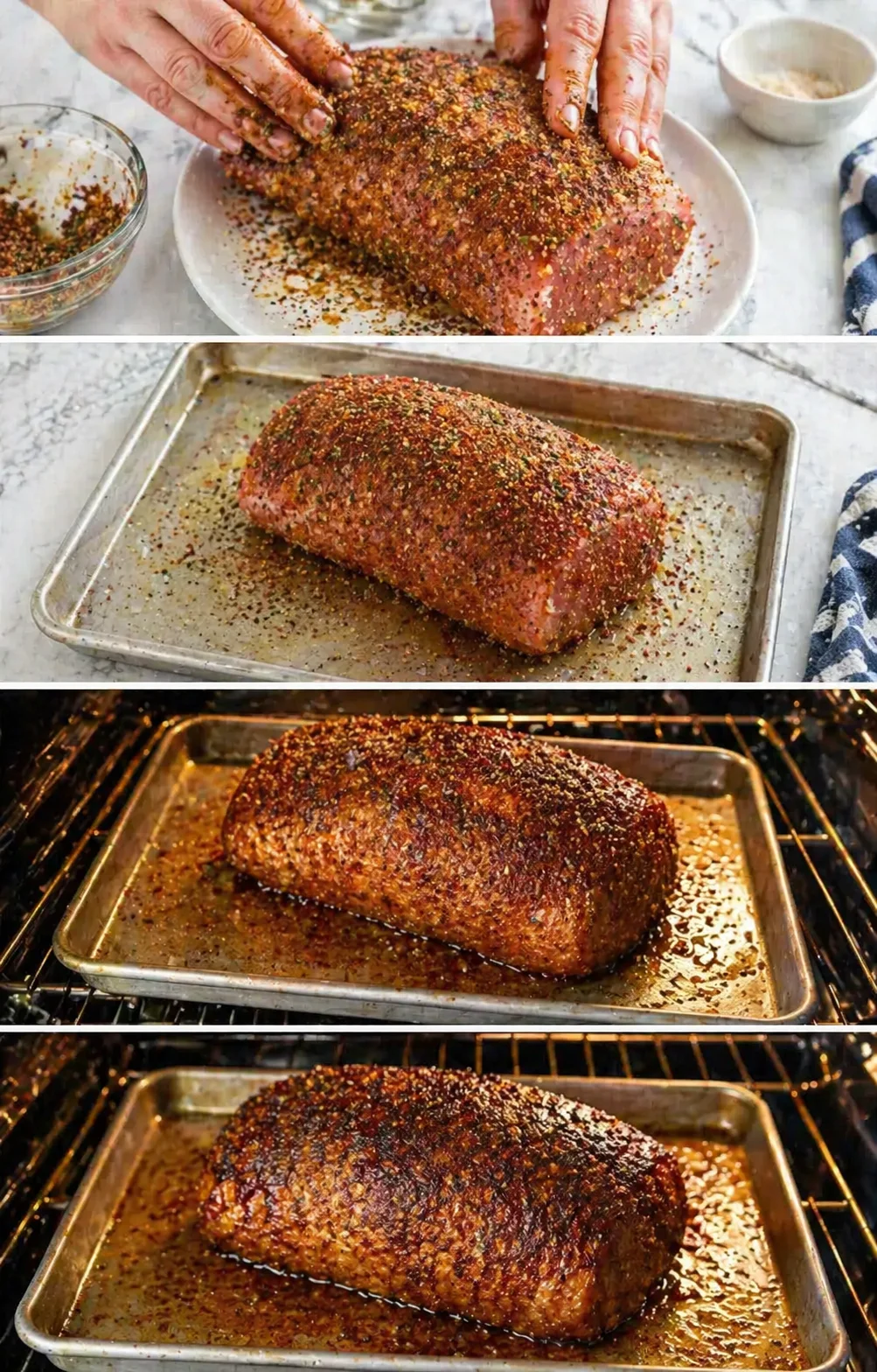 Seasoned pork loin rubbed with spice on a sheet pan, browning edges from roasting.