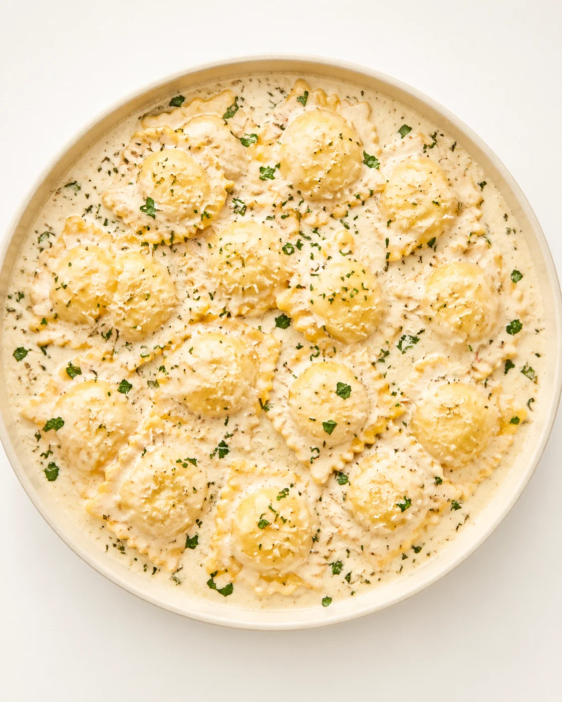Straight-down overhead view of Creamy Garlic Parmesan Ravioli Sauce 5 Steps Ultimate Delicious