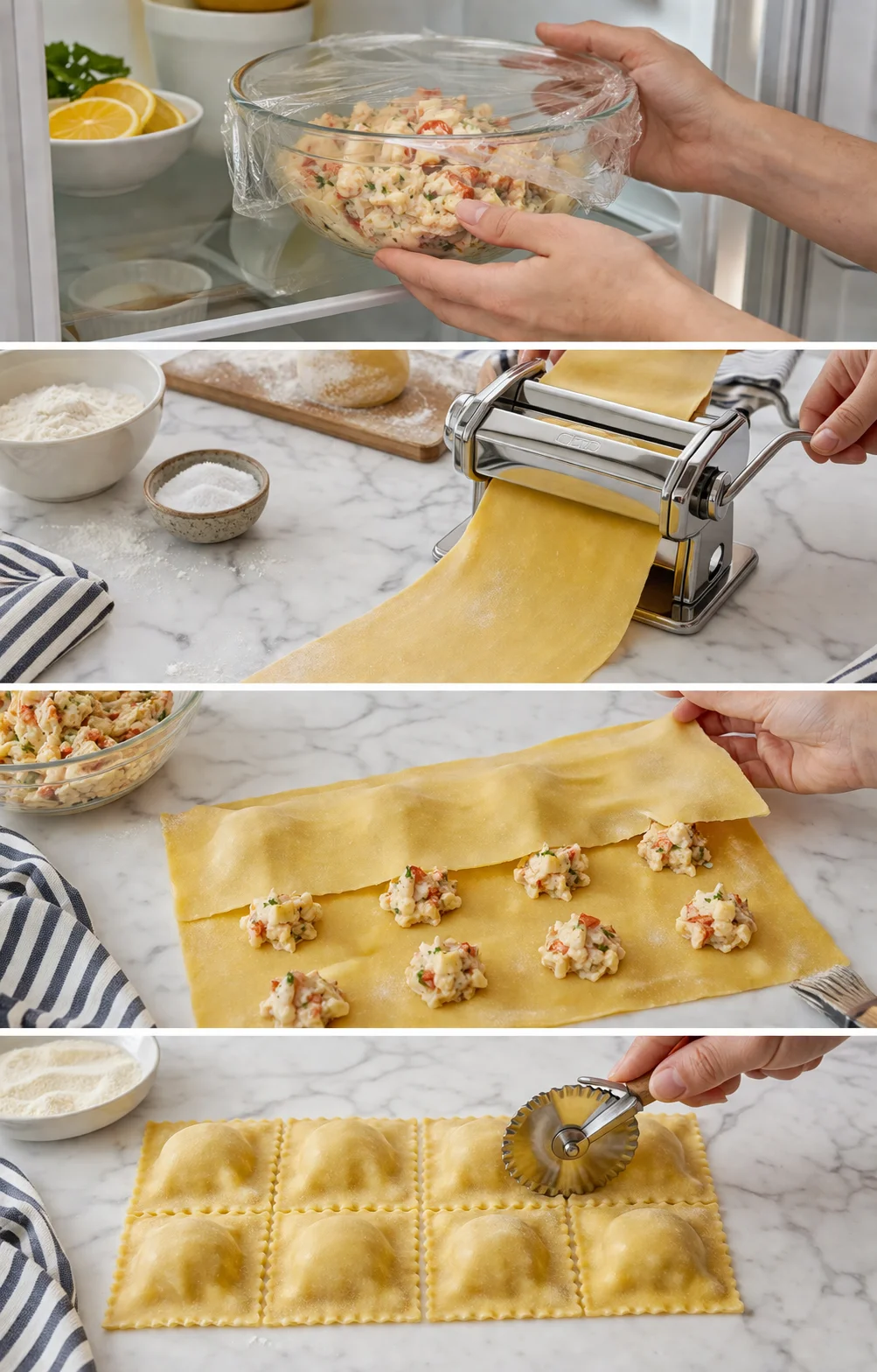 Thin pasta sheet with spaced mounds of filling, second sheet pressed down and ravioli being cut.