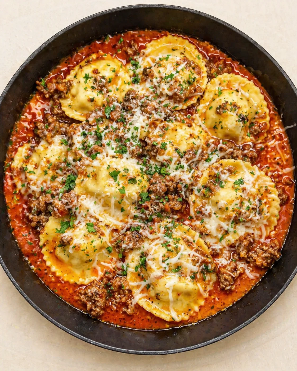 Straight-down overhead view of Million Dollar Cheese Ravioli