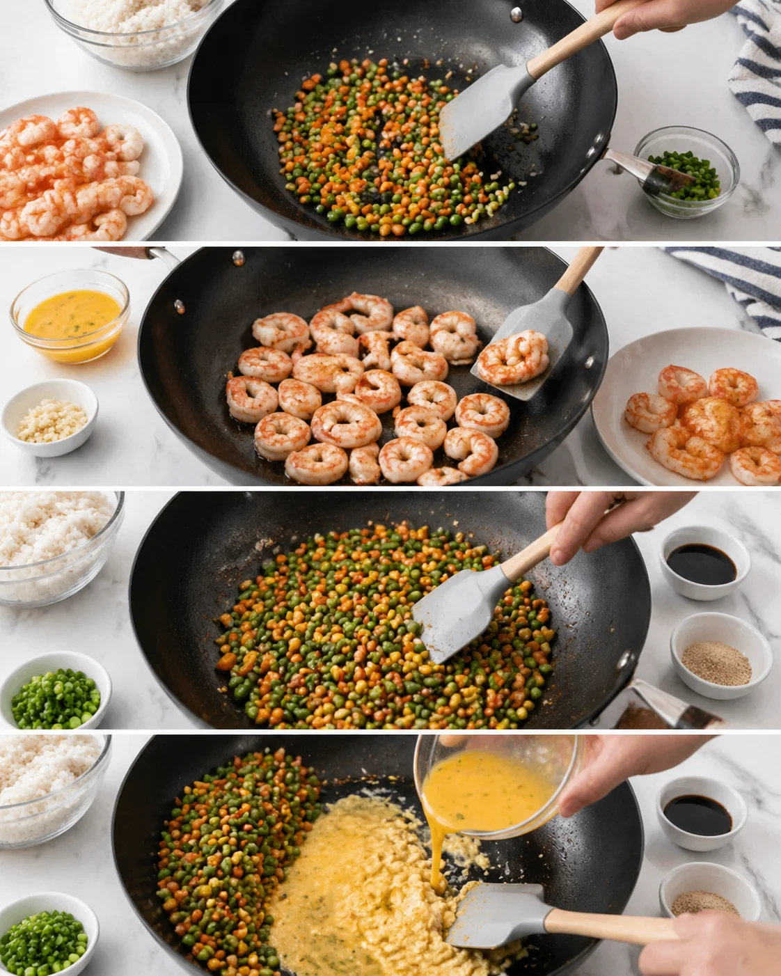 Shrimp turning bright pink in skillet, sautéed vegetables beside scrambled eggs being folded in.