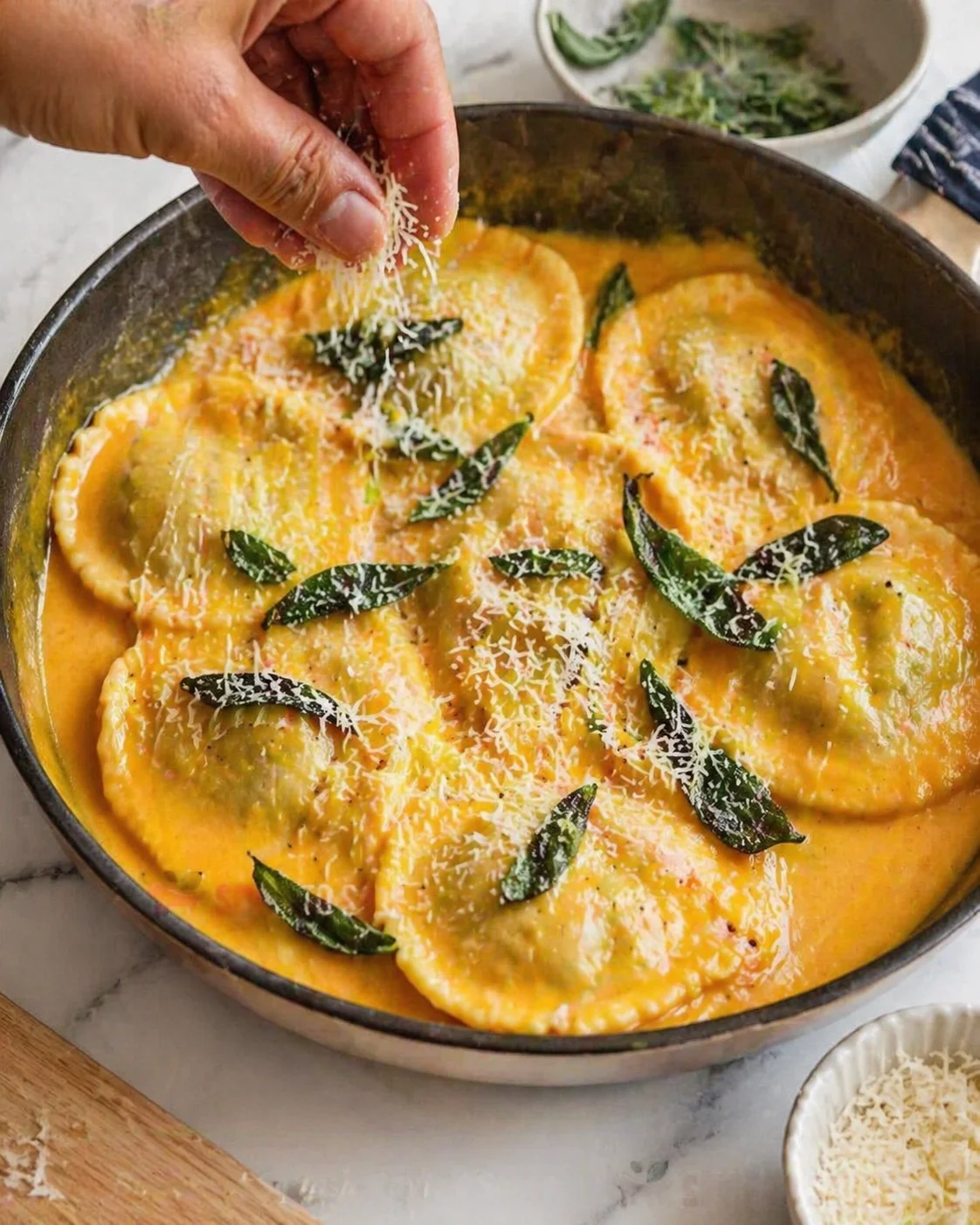 Plated ravioli sprinkled with extra grated Parmesan and crisp golden sage leaves.