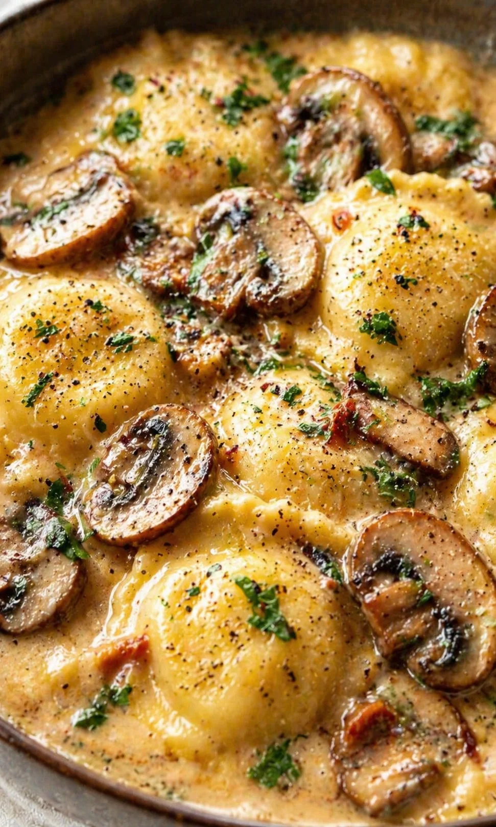 Final plated Savory Mushroom Ravioli Sauce: A Comforting Italian Delight served as a hero shot