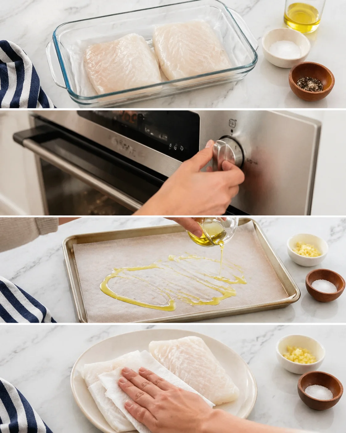 Raw cod fillets being patted dry on paper towels beside an oiled parchment-lined baking sheet