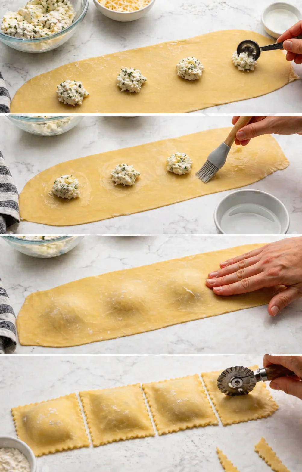 Rows of cheese mounds on pasta being moistened, folded over and cut into sealed squares