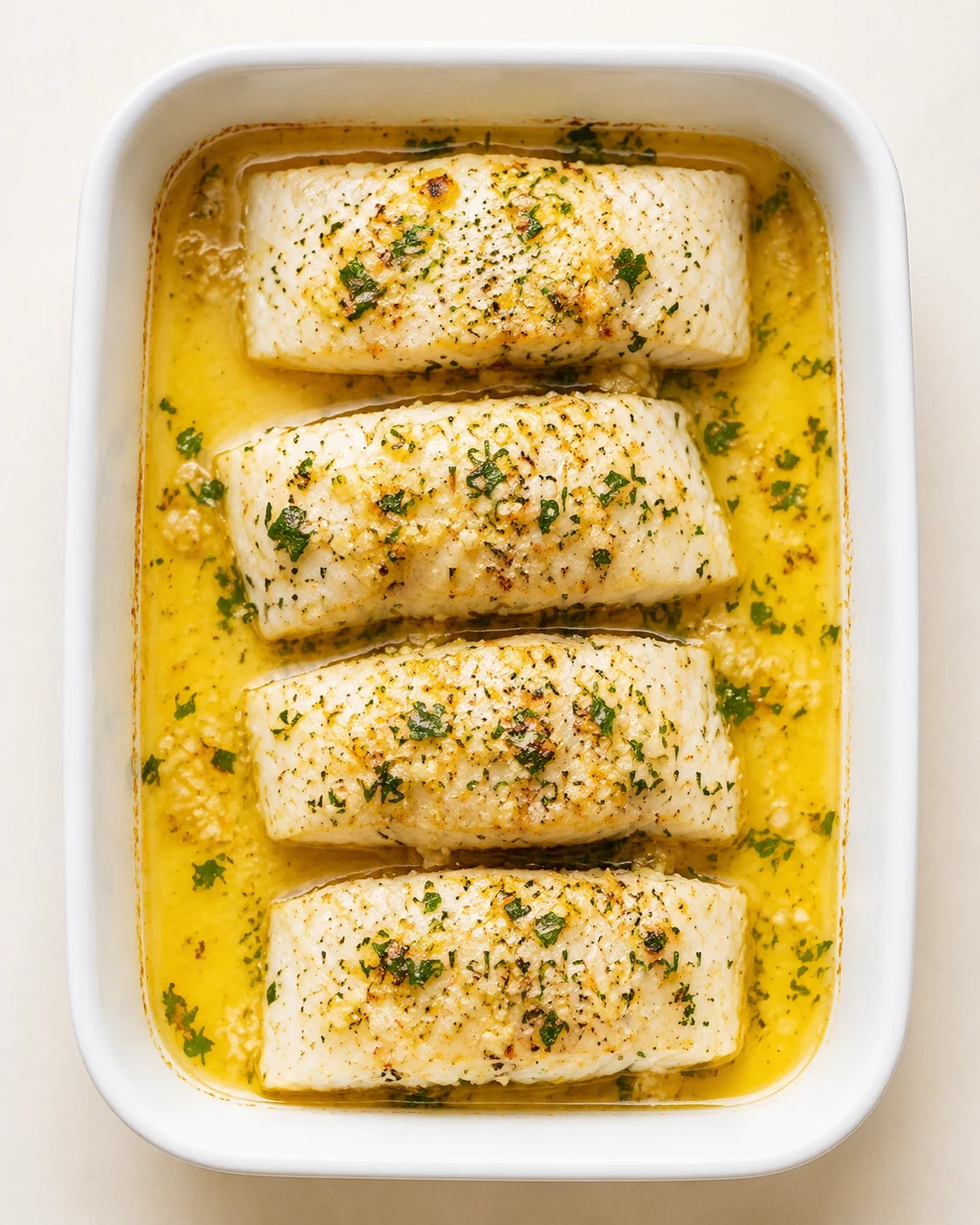Straight-down overhead view of Easy Garlic Butter Baked Cod Fillets: Restaurant-Quality Seafood at Home