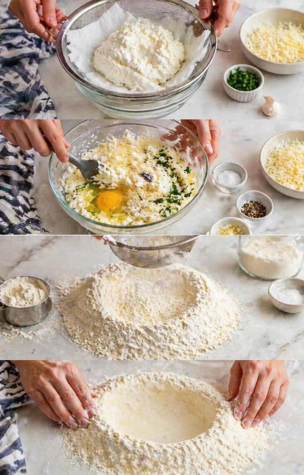 Sieve with drained ricotta beside bowl of mixed cheeses and flour mound with central well