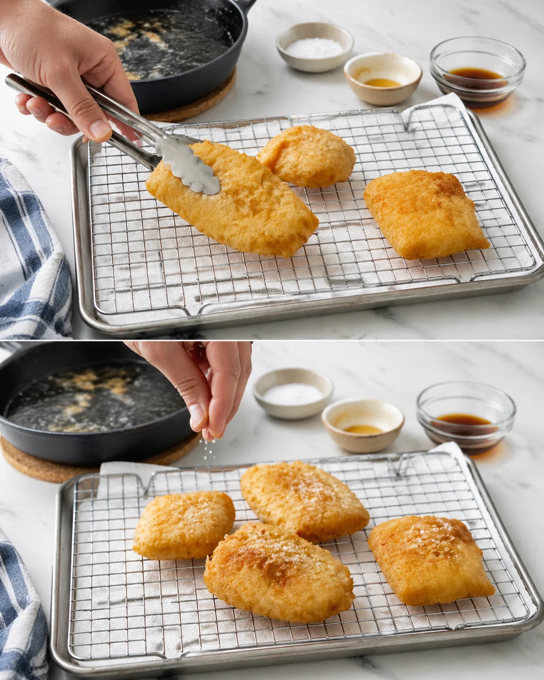 step-process-placeholder-9-10.png Crispy fried cod resting on a wire rack as kosher salt is sprinkled over hot fillets.