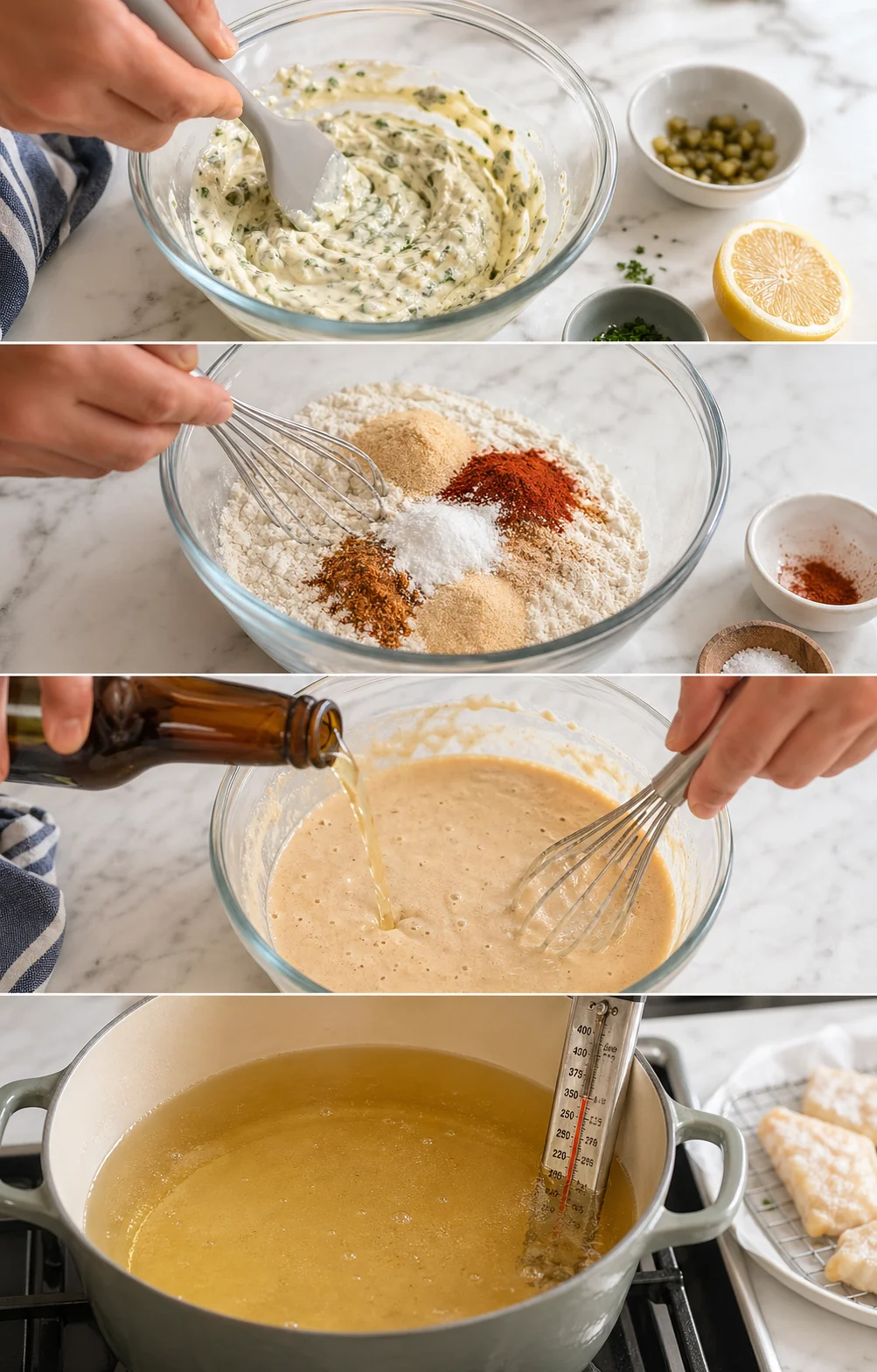 step-process-placeholder-1-4.png Whisking ice-cold beer into flour and seasonings to form a smooth chilled batter beside prepared tartar.