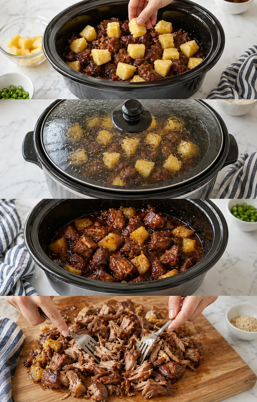 Shredded pork being pulled apart with forks on a cutting board, pineapple chunks visible.