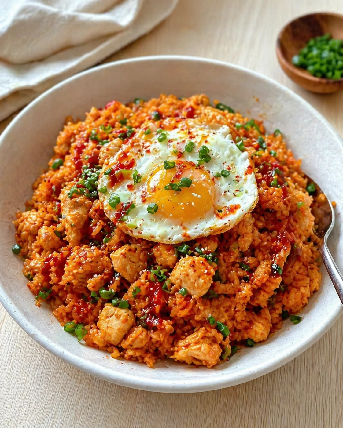 Single plated variation of Kimchi Fried Rice with Chicken - Better Homebase shown in a natural kitchen scene