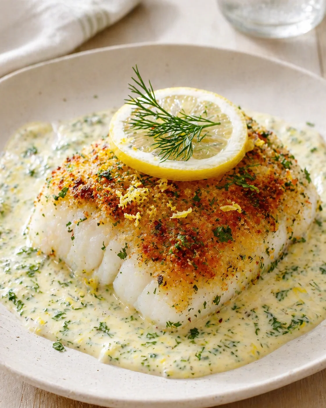 Single plated variation of Baked Cod Recipe (Easy, Flaky & Flavorful) shown in a natural kitchen scene