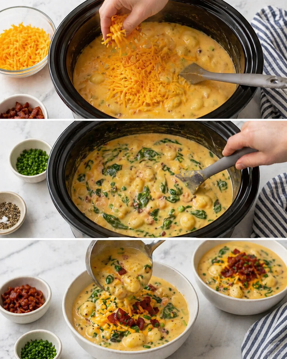step-process-placeholder-9-11.png Creamy gnocchi soup being ladled into bowls, topped with crispy bacon and chopped chives.