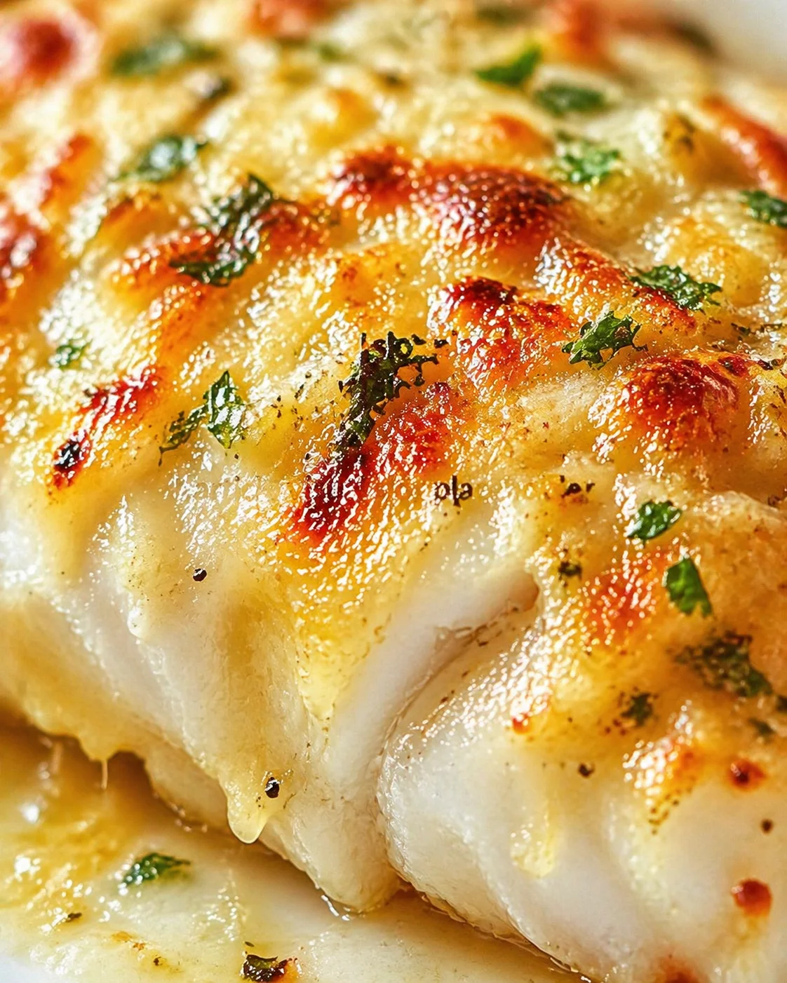Tight detail shot of Flavorful Baked Cod with Mayo and Parmesan highlighting texture