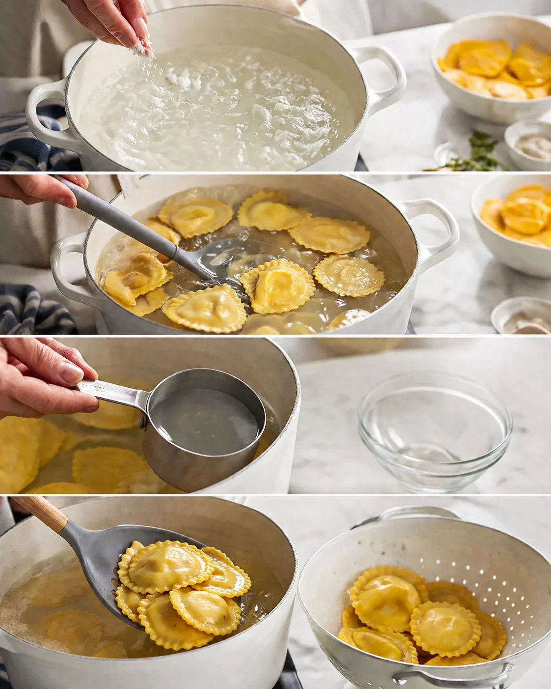 Boiling pot with floating ravioli; person using slotted spoon and measuring reserved pasta water.