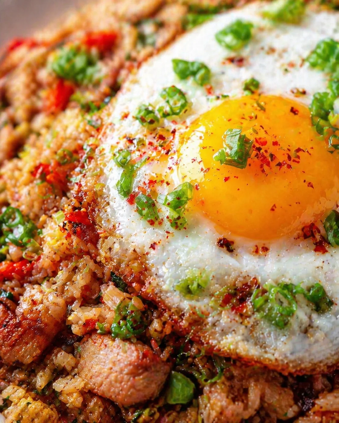 Tight detail shot of Transform Day-old Rice Into Delicious Pork Fried Rice Tonight! highlighting texture