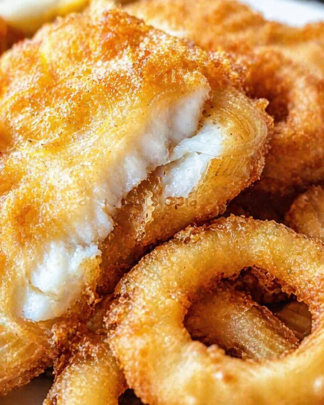Tight detail shot of Crispy Battered Cod And Onion Rings Platter highlighting texture