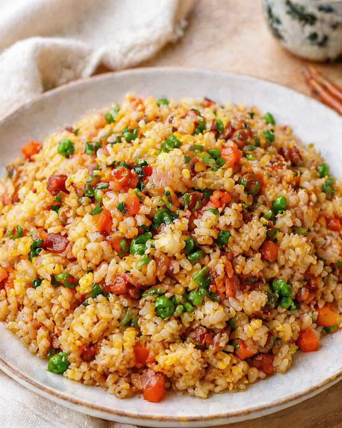 Single plated variation of Irresistible Chinese BBQ Pork Fried Rice in 20 Minutes shown in a natural kitchen scene