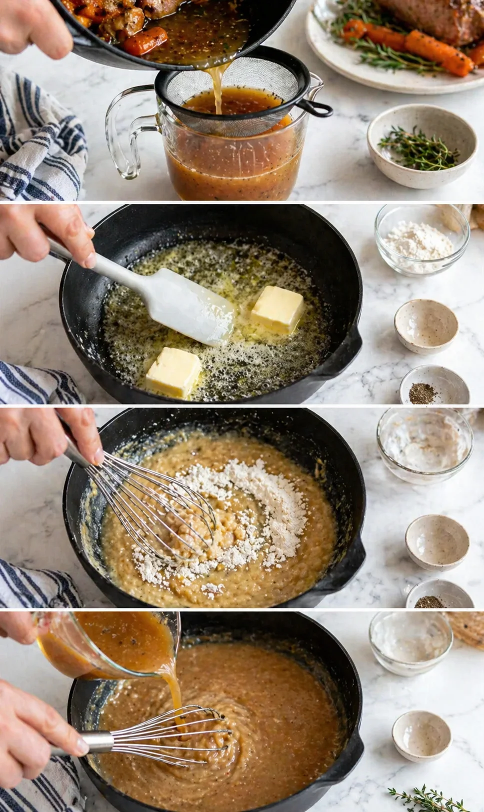Smooth brown gravy being whisked in skillet as strained pan juices pour in.