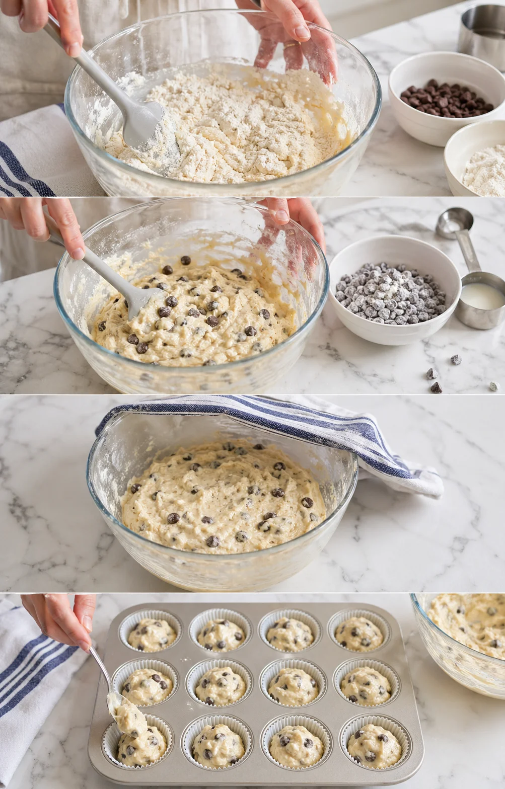 Spatula folding batter with floured chocolate chips, spooning portioned batter into lined muffin cups.