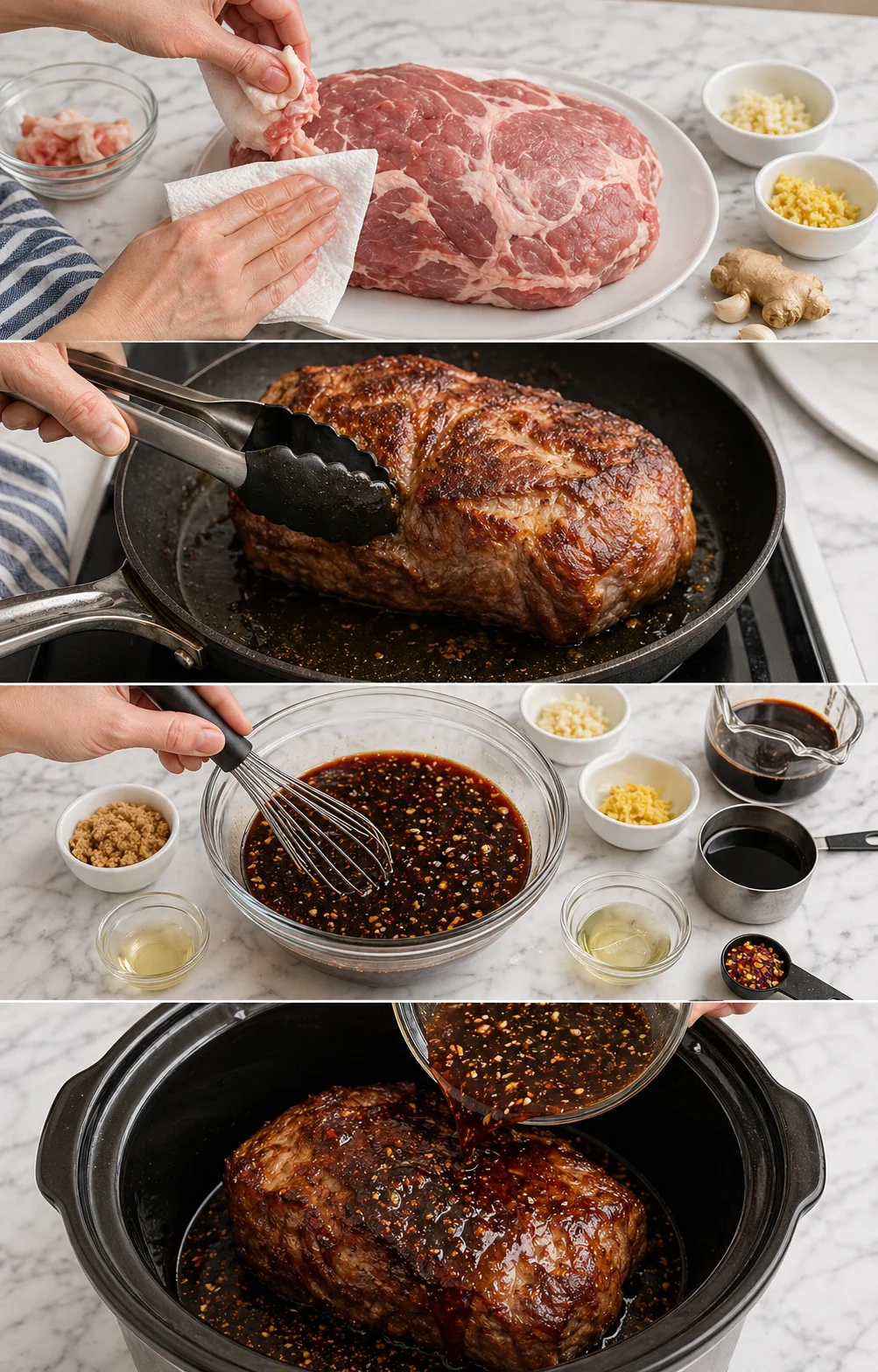 Raw pork shoulder nestled in slow cooker as glossy teriyaki sauce is poured over it.