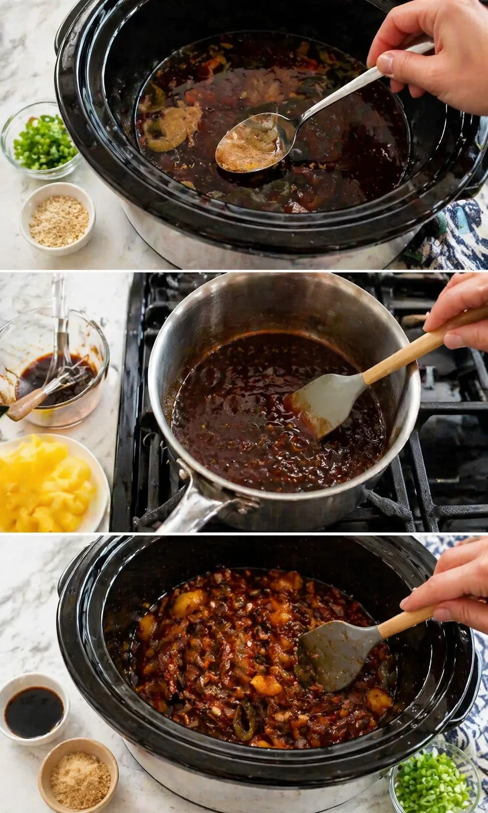 Shredded pork tossed in slow cooker, glossy teriyaki sauce coating meat as it's stirred.