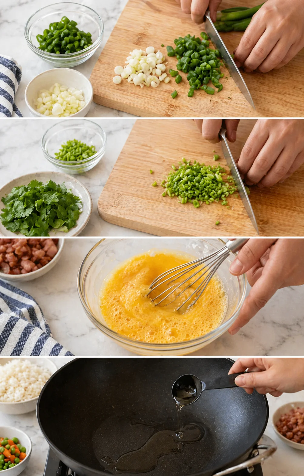 Separated spring onion whites and greens, chopped coriander, frothy whisked eggs, and oil heating in wok.