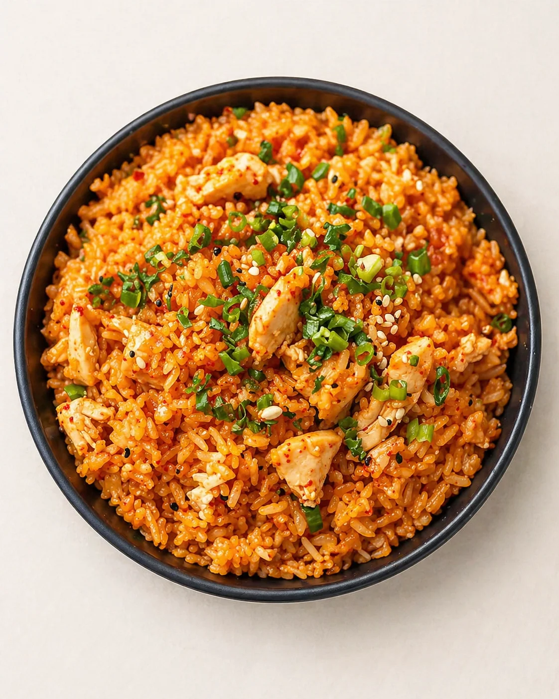 Straight-down overhead view of Kimchi Fried Rice with Chicken - Better Homebase